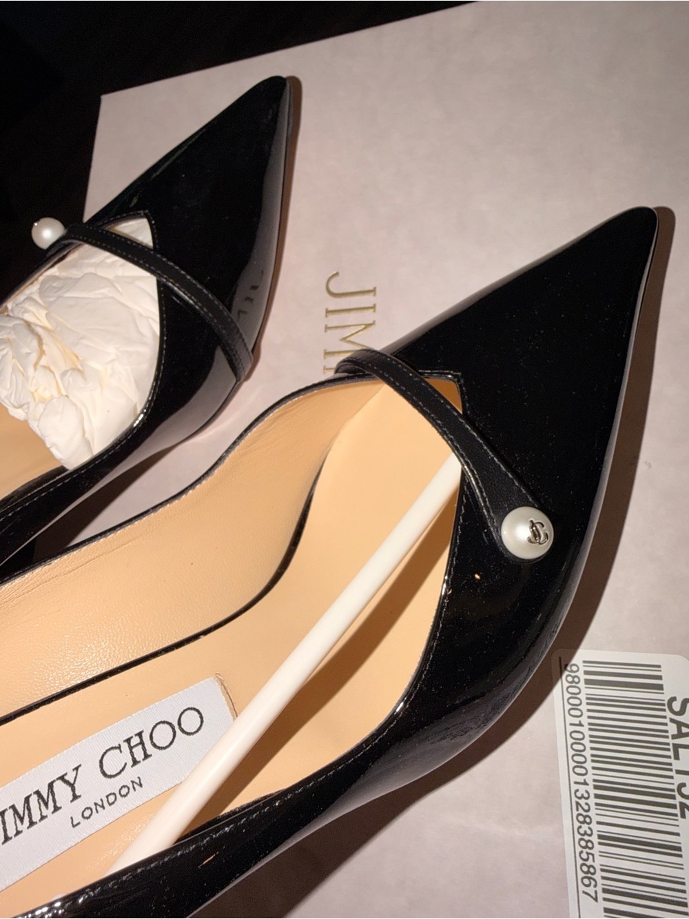 Jimmy Choo Black Patent Pointed Toe Heels with Pearl Strap - Picture 3 of 5